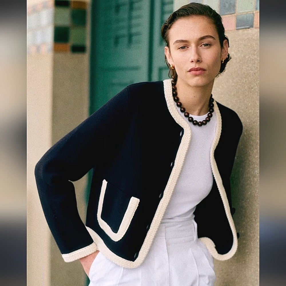 ELIE TAHARI BLACK THICK KNIT CARDIGAN WITH CREAM TRIM DETAILS 🤩